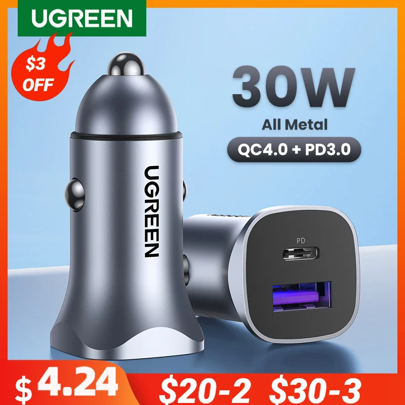 Caricabatteria Da Auto Ugreen 30W Caricatore Rapido Usb Tipo C Qc 4.0 3.0 Pd 20W Ricarica Rapida Per Iphone 15 14 13 Caricabatterie Per Cellulare Xiao