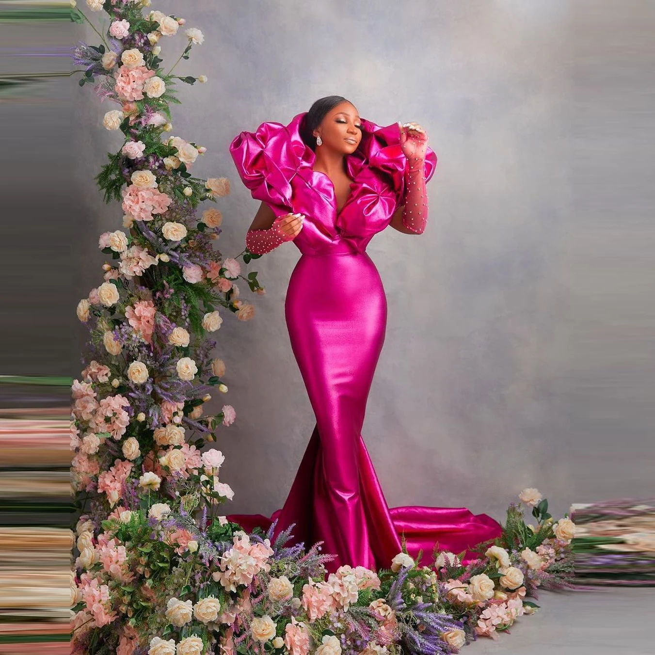 Nuovo Abito Da Sera Da Sposa Arruffato A Sirena In Raso Lungo Fucsia Aso Ebi Prom Party Performance Dress Plus Size Con Tulle Pearl Glo