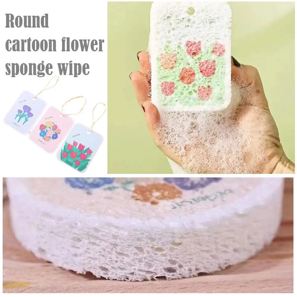 Polpa Di Legno Cotone Strofinaccio Quadrato Fiori Modello Cartone Animato Contenitore Piatto Pulire Spugna Sapone Spazzola Lavastoviglie Casuale X4E7