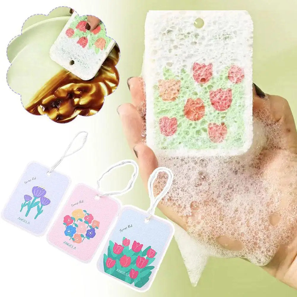 Polpa Di Legno Cotone Strofinaccio Quadrato Fiori Modello Cartone Animato Contenitore Lavastoviglie Sapone Spugna Salviette Pennello Casuale G0X2