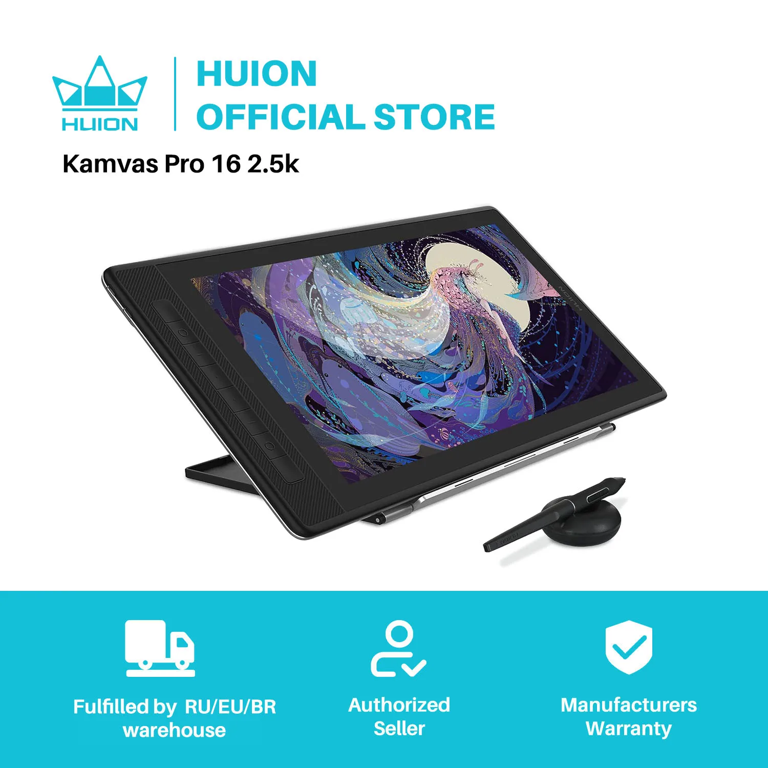 Huion Kamvas Pro 16 2.5K Qhd Tavoletta Da Disegno Con Schermo Qled Tavoletta Grafica Completamente Laminata Con Penna Senza Batteria, 15.6 Pollici