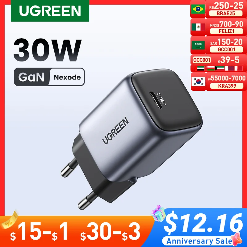 Caricabatterie Rapido Ugreen Nexode Gan 30W Per Iphone 14 13 Caricatore Usb C Per Ipad Pro, Per Samsung, Per Caricabatterie Xiaomi Pd