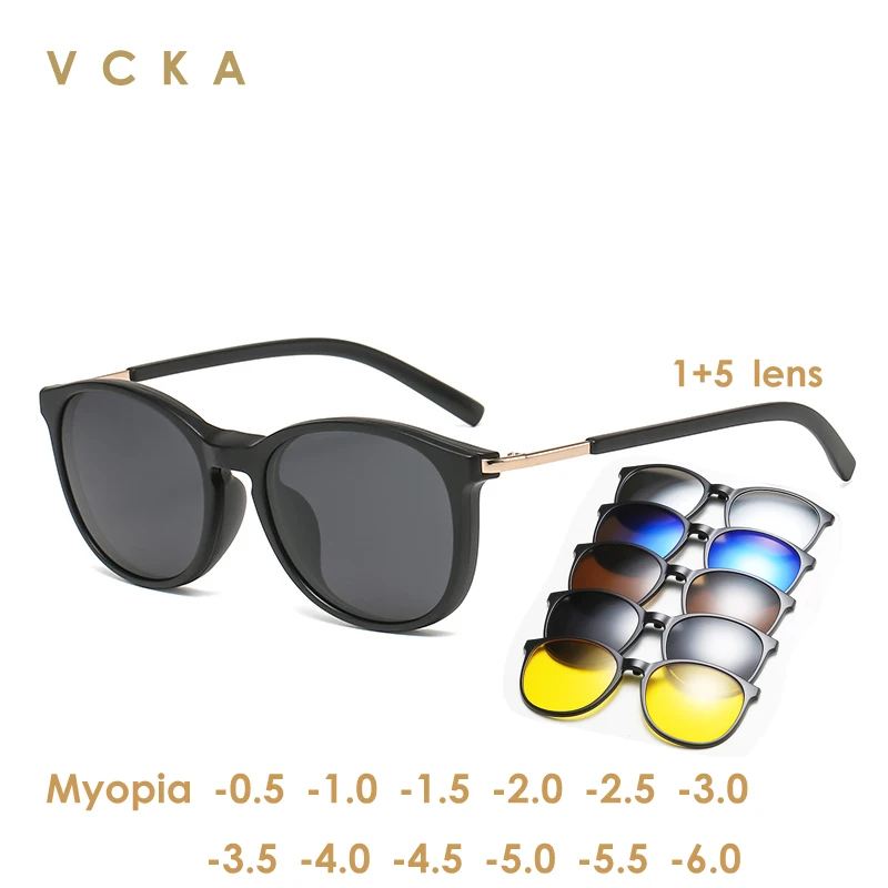 Vcka 5 + 1 Vestito Moda Clip Su Occhiali Da Sole Miopia Montature Da Donna Occhiali Da Vista Magnetici Occhiali Da Vista-0.5 ~-10