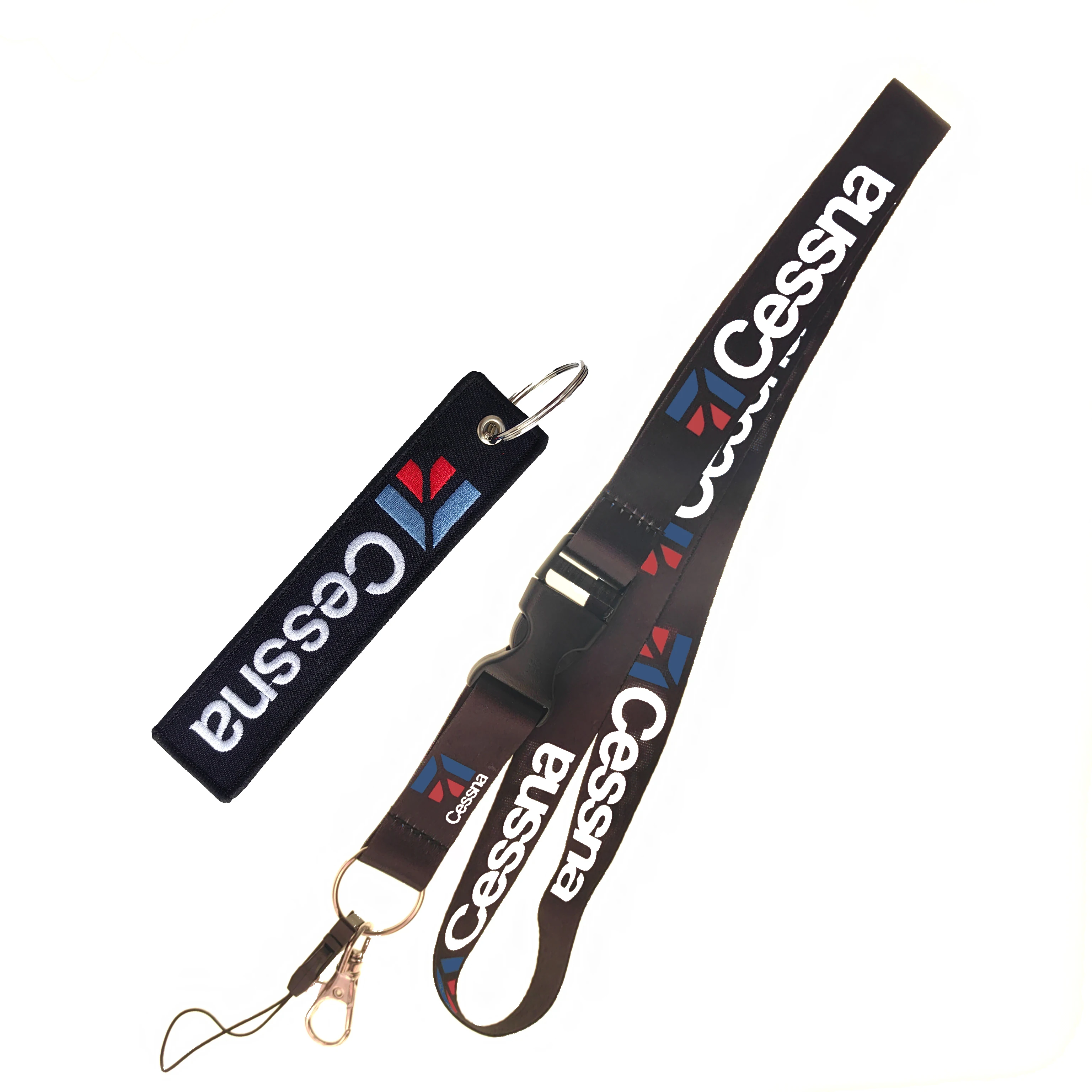 2 Pc Cessna Portachiavi Ricamato A Doppia Faccia Black Lanyardaircraft Crew Gift Per Carta D'Identità E Cordino Da Lavoro