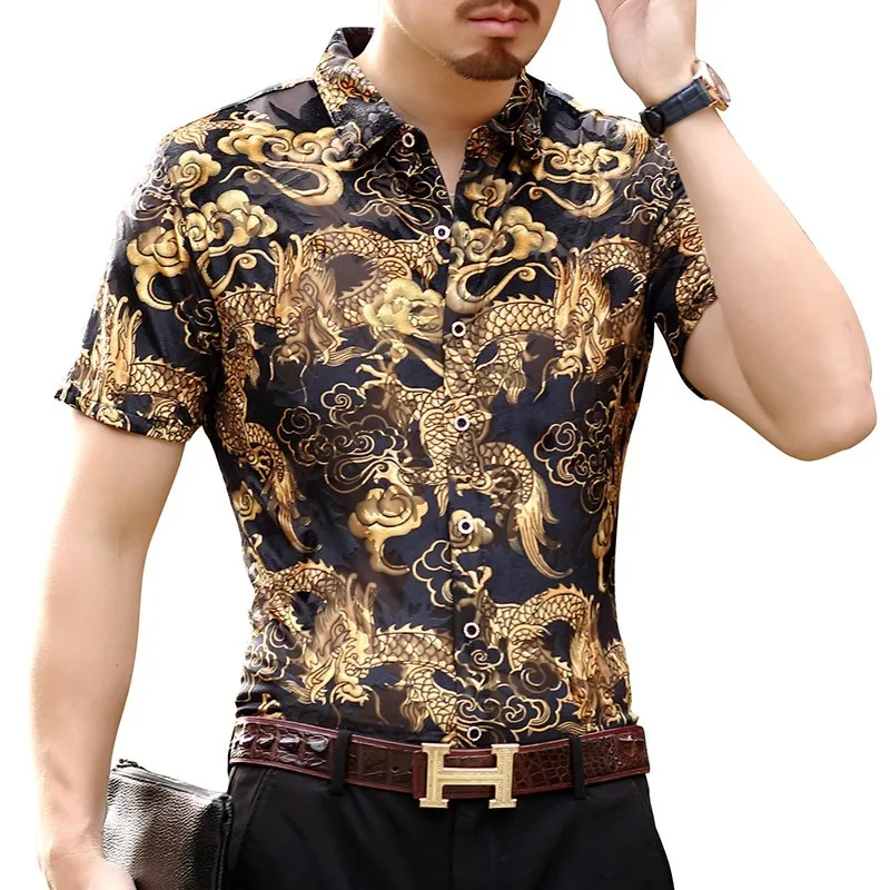 Camicia Drago In Velluto Dorato Camicia Manica Corta In Velluto Blu Estivo Camicia Uomo Trasparente Hawaiana Burn Out Camicia Uomo