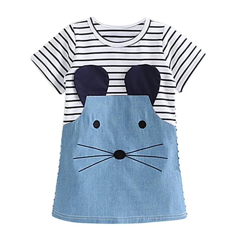 Summer Kids Girls Dresses Cartoon Mouse Stripe Colorblock Denim Abito Manica Corta Ragazze Abiti Casual Moda Per Bambini
