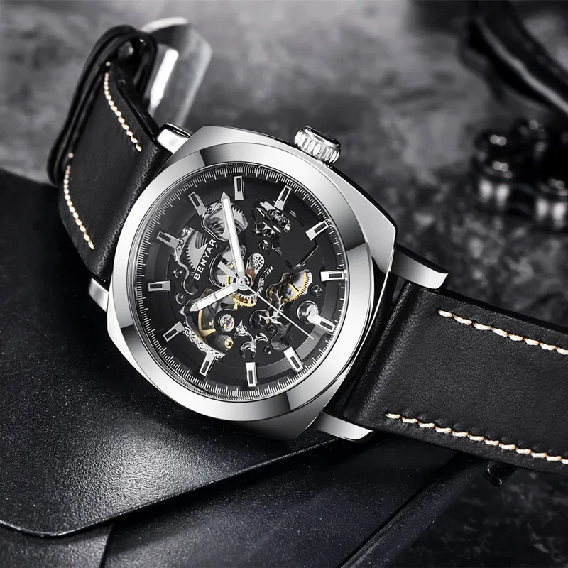 Benyar 2024 Orologio Meccanico Automatico Da Uomo Di Moda Di Lusso In Vetro Minerale Sportivo In Pelle Impermeabile 3Bar Night Glow Watch Reloj