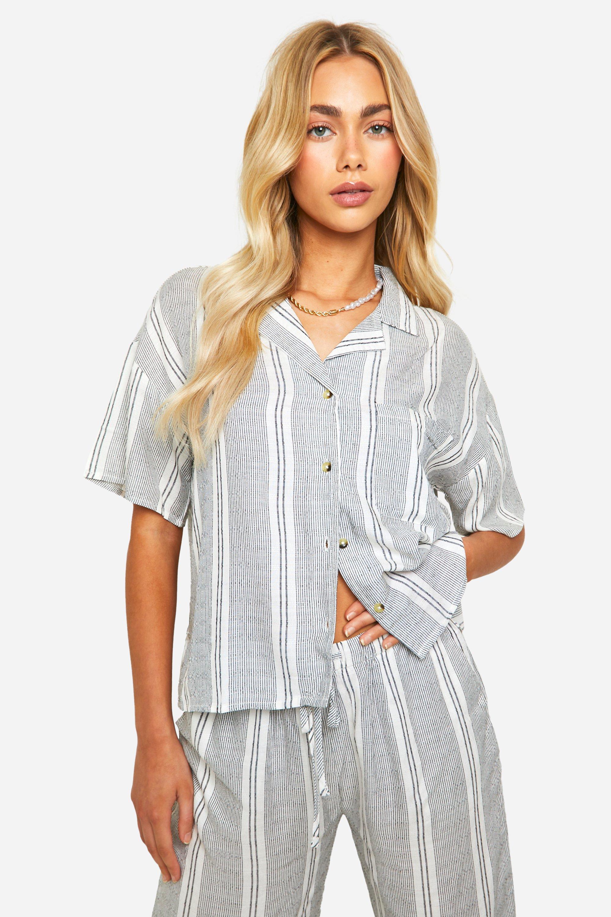 Tonal Stripe Linen Look Relaxed Fit Shirt, Azzurro