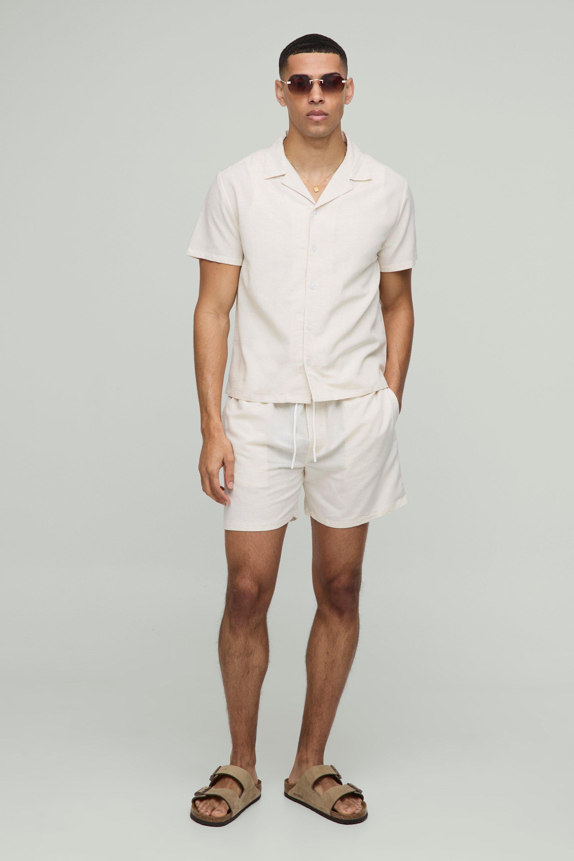 Short Sleeve Boxy Linen Shirt & Short, Beige
