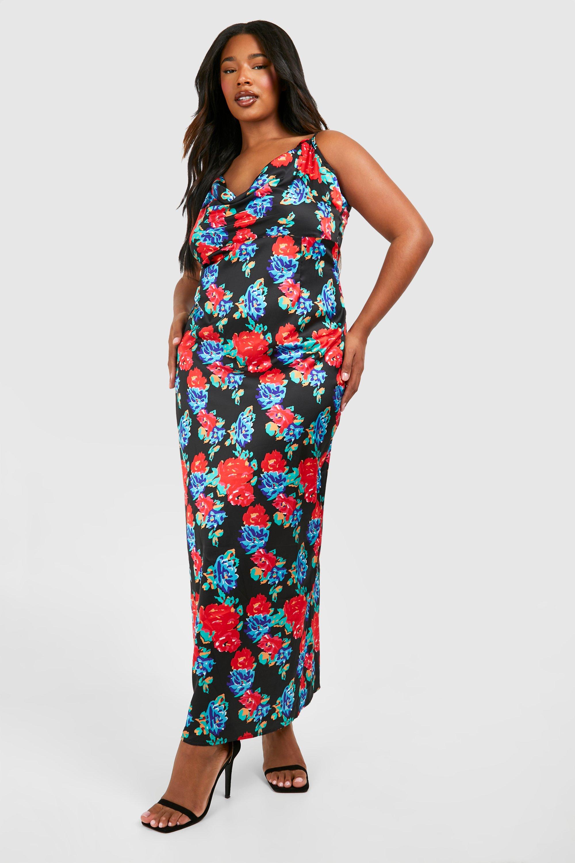 Plus Floral Printed Satin Maxi Dress, Nero