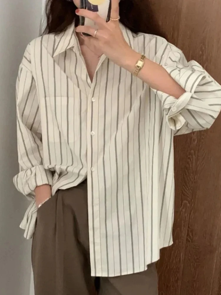 Camicie Da Donna A Righe Zoki Camicie Da Donna A Maniche Lunghe Primaverili Abbottonate Larghe Camicia Da Donna Chic Moda Coreana Casual Femminile Top