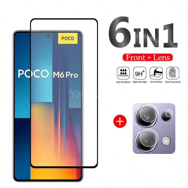 Per Xiaomi Poco M6 Pro Glass Screen Protector Film Glass Per Poco M6 Pro Vetro Temperato Full Glue Camera Film Poco M6 Pro Glass