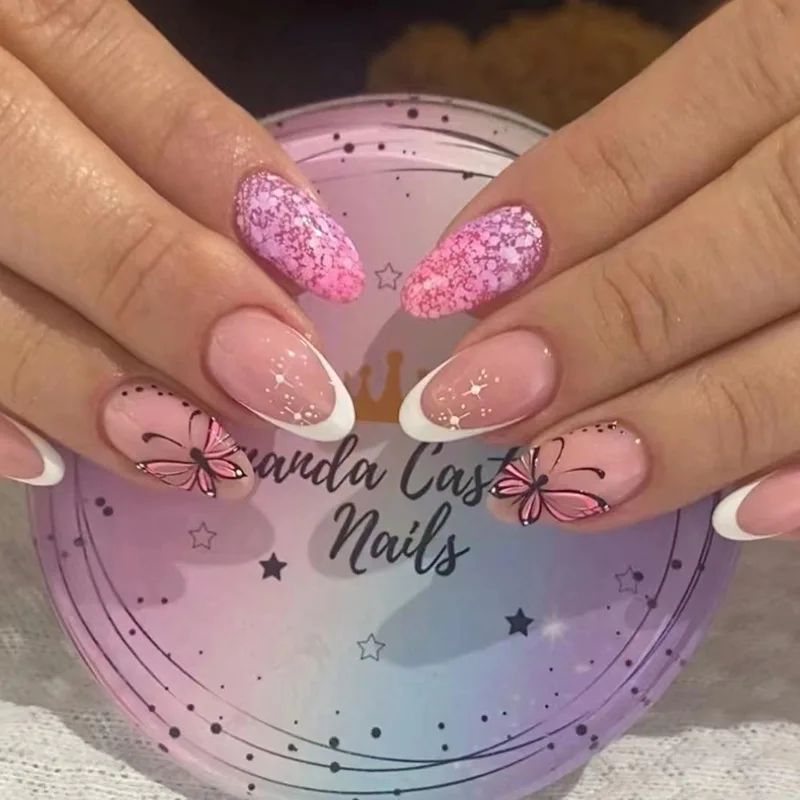 3D Unghie Finte Corte Farfalla Estiva Sweet Pink Glitters Punte Di Mandorle Francesi Faux Ongles Press On Acrilico False Nail Supplies