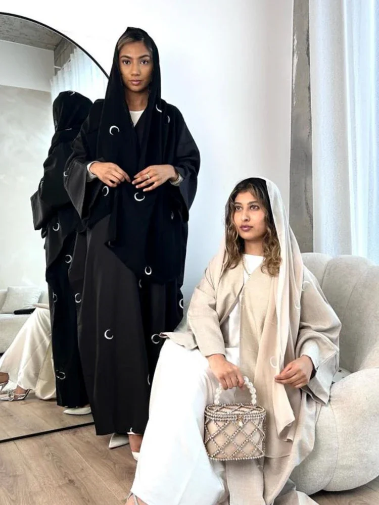 Moon Ricamo Abaya Musulmano Per Le Donne Vestito Eid Marocco Ramadan Lace-Up Abaya Caftano Islam Cardigan Dubai Arabo Abito Lungo 2024