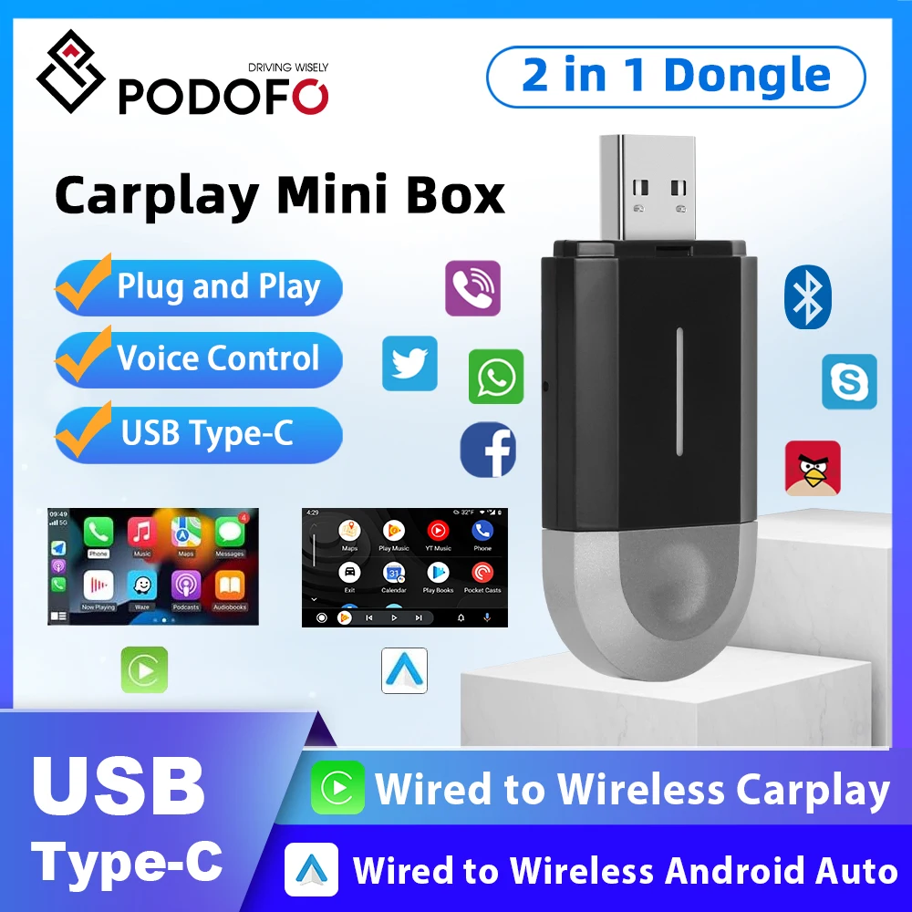 Podofo Wireless Carplay Wireless Android Auto Adapter Wireless Apple Carplay Ai Box Usb Type-C Dongle