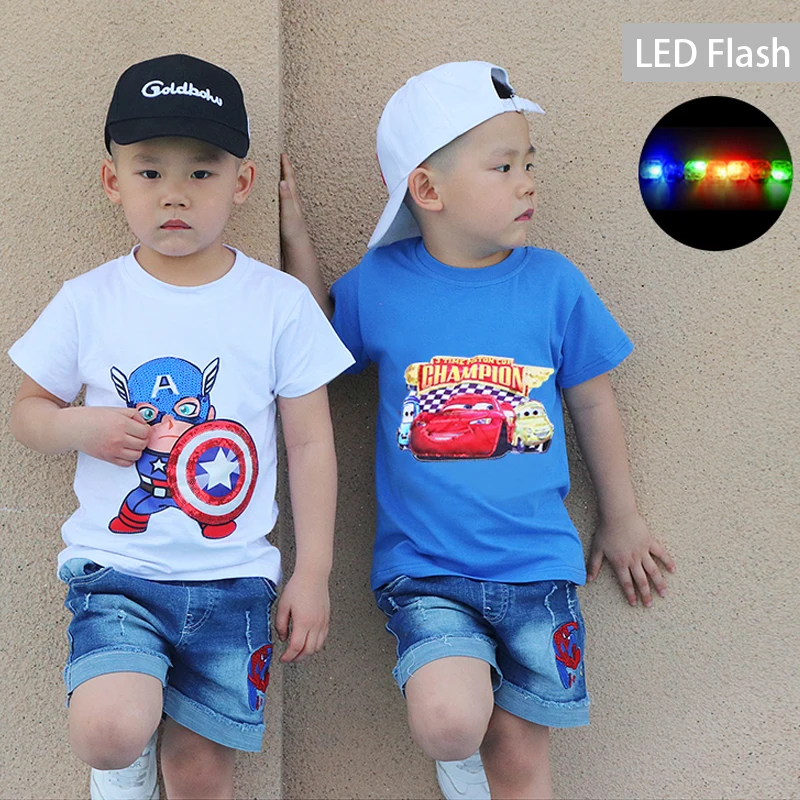 New Boy Set Manica Corta Led Flash Mcqueen Cartoon Estate Cotone Abbigliamento Per Bambini Abiti Per Bambini Abiti Captain America Spiderman