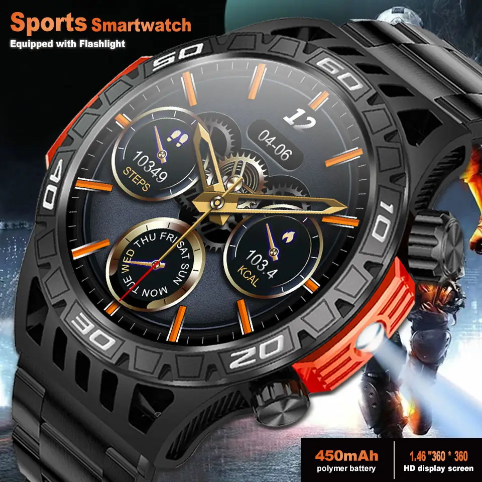 2024 Uomini Outdoor Smartwatch Torcia Bussola Gps Track Outdoor Sport Fitness Tracker Ip68 Impermeabile Bluetooth Call Smartwatch