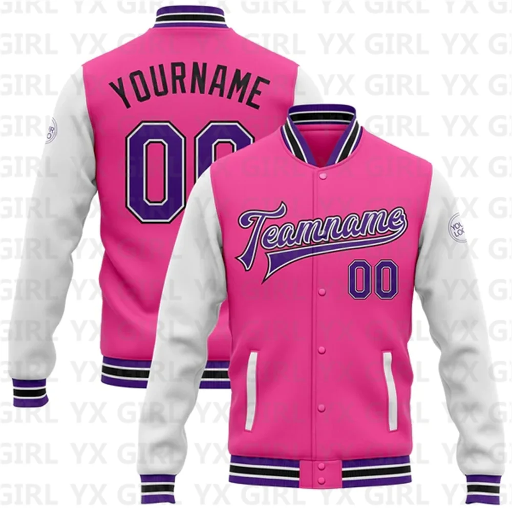 Personalizzato Rosa Viola Bianco-Nero Bomber Full-Snap Varsity Letterman Giacca Bicolore Giacca 3D Con Bottoni Da Baseball