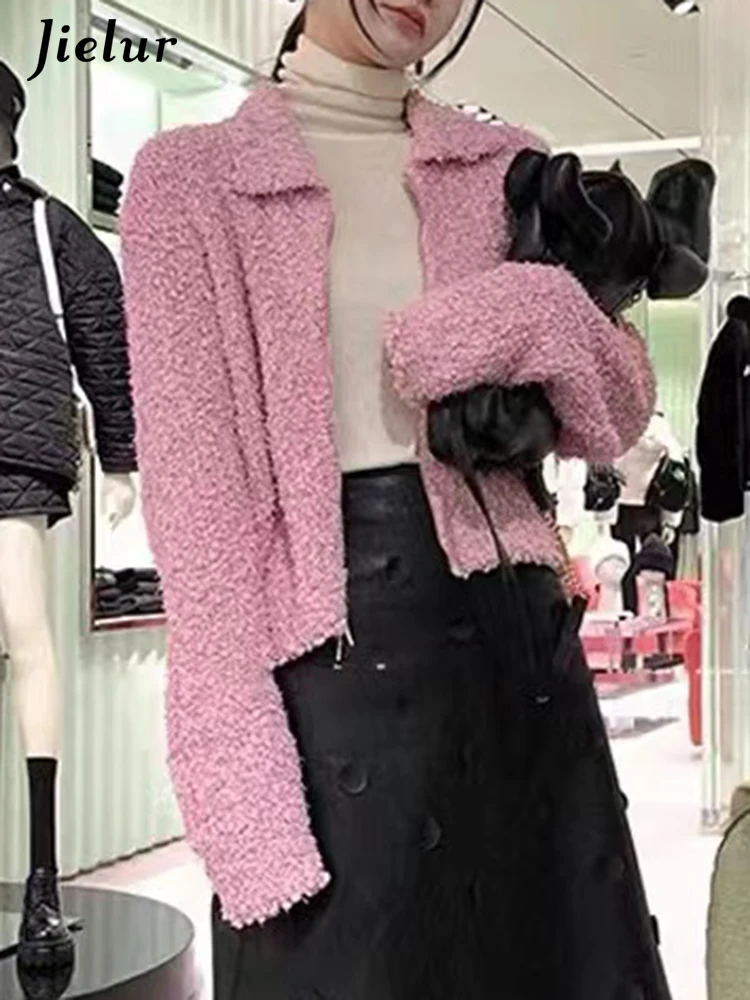 Jielur Pink Knit Basic Simple Soft Women Cardigan Coreano Chicly Zipper Colore Puro Moda Manica Lunga Cardigan Femminile Blu Nero