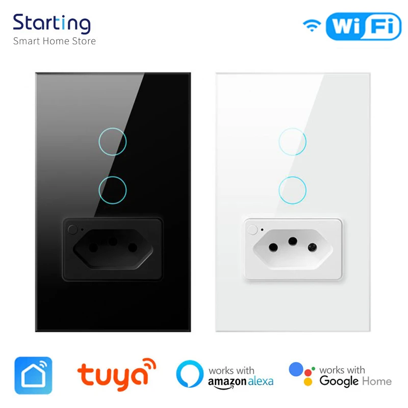 Brazil Tuya Wifi Smart Switch With Socket 1/2Gang Led Light Wall  Touch Switch Outlet Voice Control Support Alexa Google Home