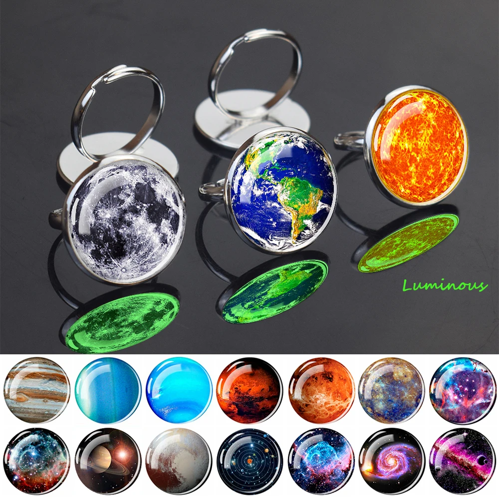 Planet Solar System Anello Luminoso Spirale Galaxy Nebula Glow In The Dark Glass Dome Anelli Regolabili Donna Uomo Astronomia Jewelry