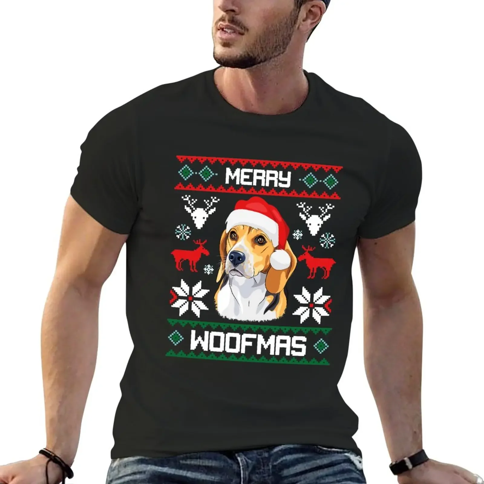 Beagle Merry Woofmas Christmas Dog Gift T-Shirt Summer Clothes Summer Tops Anime Clothes Magliette Da Uomo