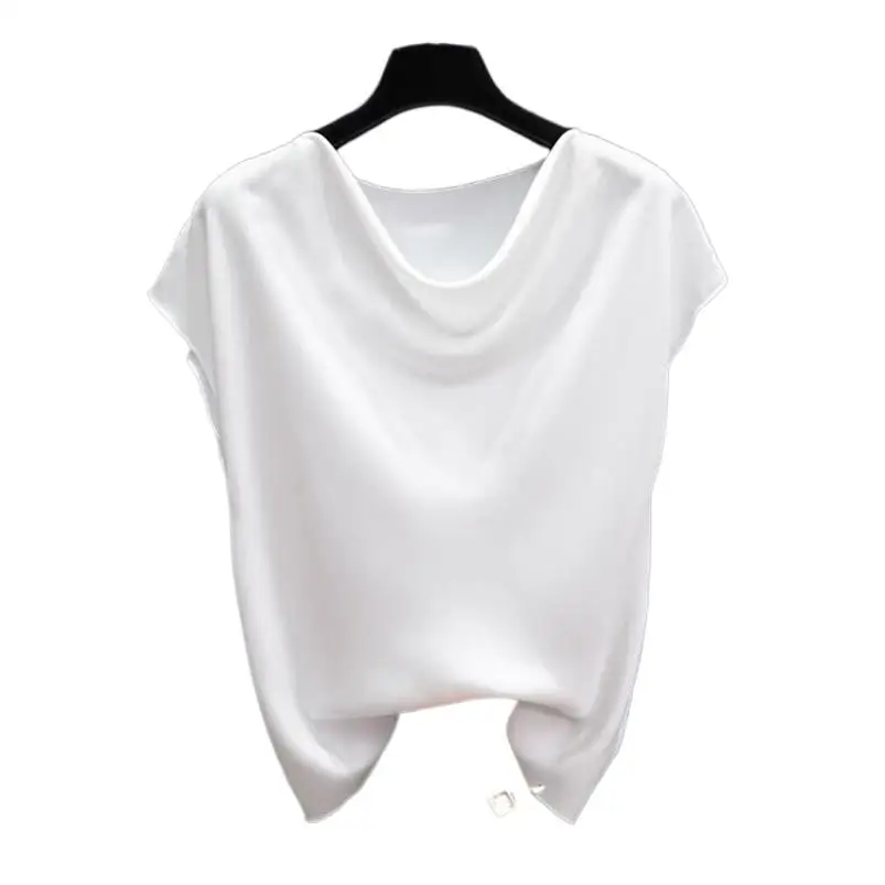 High Street Elegant Top Women'S Casual Vintage Satin Shirts Office Lady Solid Short Sleeves Swinging Collar T-Shirts Chic Blouse