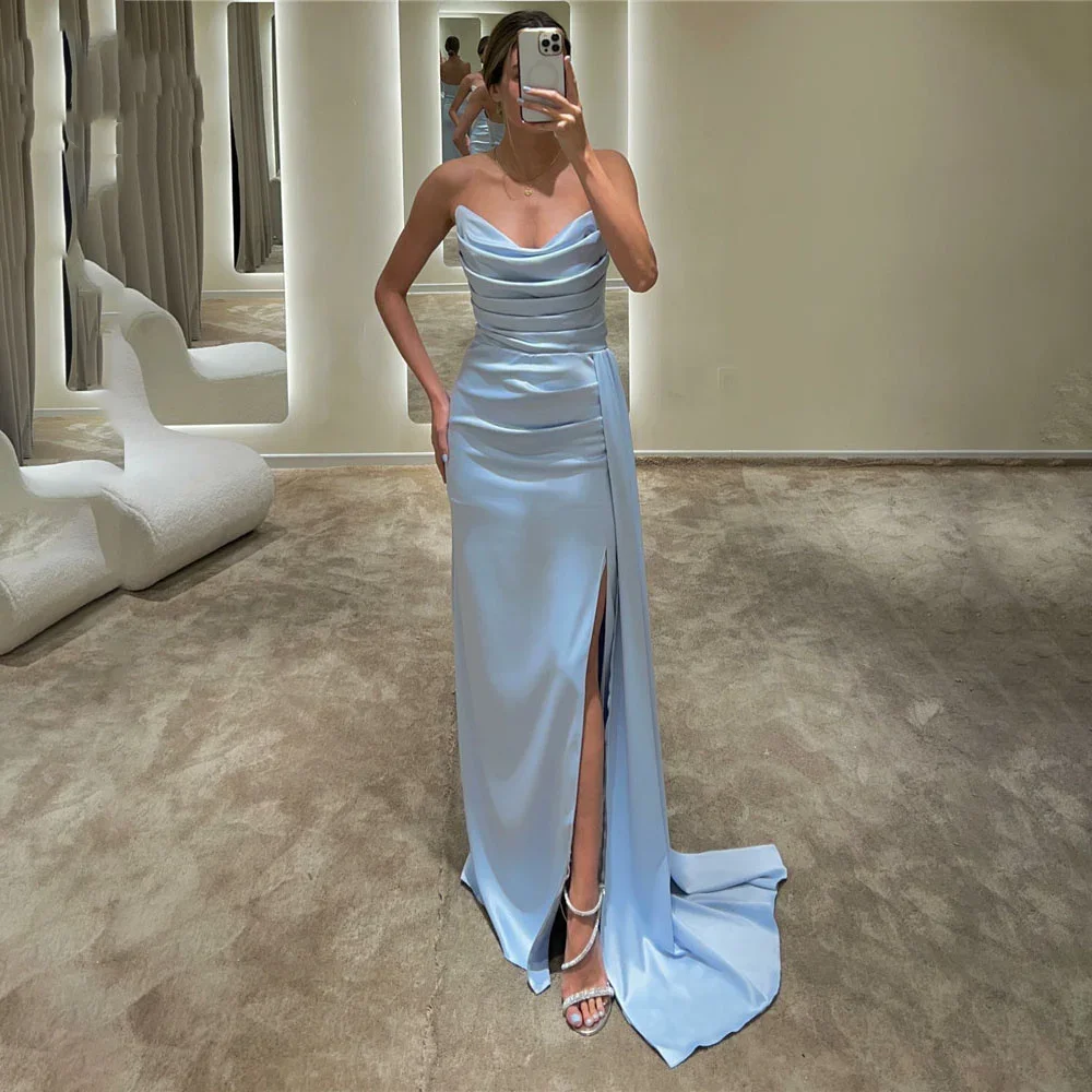 Vinca Sunny Light Blue Abiti Da Sera A Sirena Senza Spalline Abiti Da Ballo A Pieghe Con Spacco Laterale Abiti Da Cerimonia Vestidos De Noche