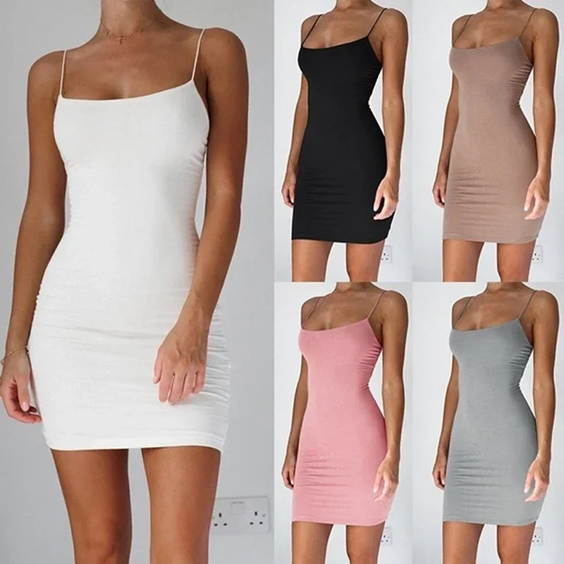 Sexy Spaghetti Strap Canotta Mini Abito Donna Bodycon Club Party Dresses 2023 Summer New Pure Color Sundress Plus Size Xs-5Xl