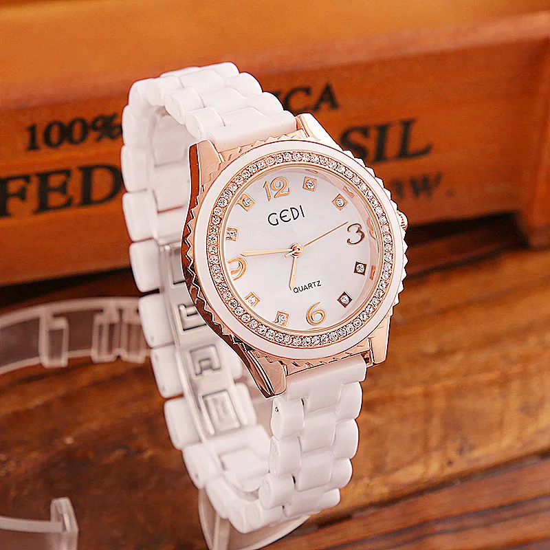 Versione Coreana Di Orologi Bianchi Tempestati Di Diamanti In Ceramica Per Le Donne Orologi Da Polso Estivi Casual Con Fibbia Pieghevole Al Quarzo Imp