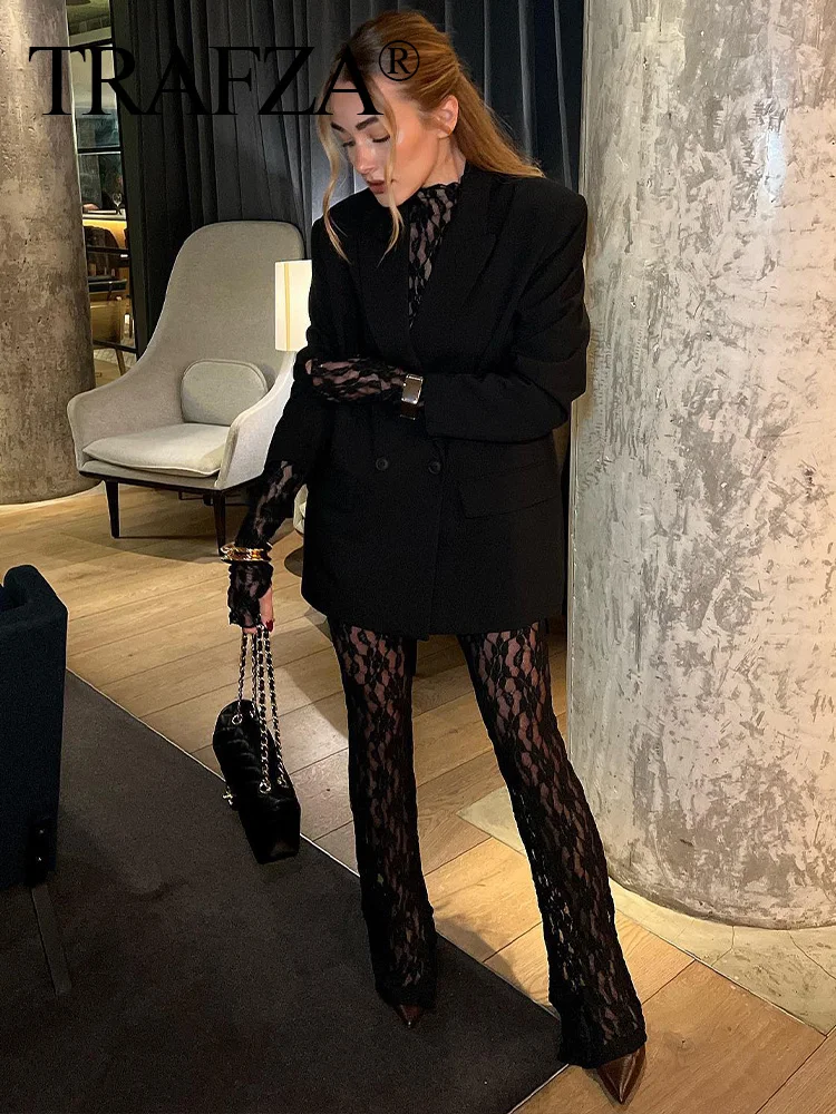 Trafza Leggings In Pizzo A Vita Alta Tute Tendenza Moda Donna Scava Fuori Tute Nere Sottili Leggings Lunghi Da Donna