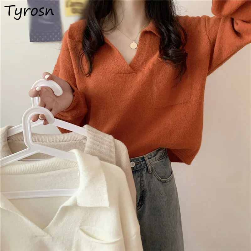Pullover Donna Colletto Rovesciato Design Solido Casual Retrò Moda Coreana Tenera Signora Harajuku Maglioni Autunnali Studenti Sciolti