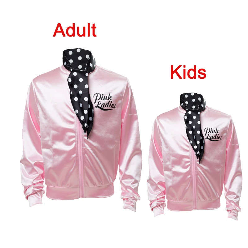 Grease Cos Pink Ladies Cosplay Jacket Adult Women Satin Coat Neckscarf Costume Kids Retro Fancy Coat Halloween Party Suit