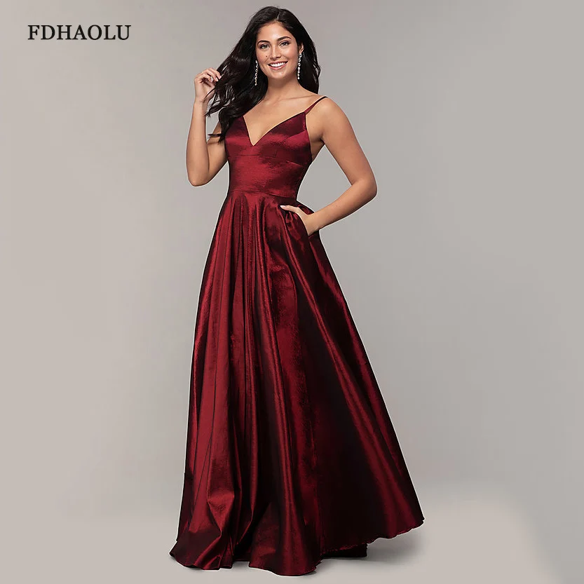Ae48 Vestido De Festa Borgogna Abiti Lunghi Da Ballo Sexy Scollo A V Verde Raso Abito Da Sera A-Line Пл"Е