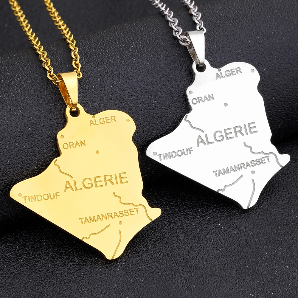 Africa Algeria Map City Pendant Necklace Stainless Steel Gold Color Men Women Algerie Country Carte Jewelry Gift