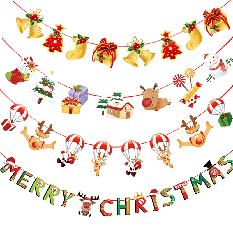 4 Pcs Garland Christmas Banners Santa Claus Banner Snowman Flag Xmas Trees Banners Decor Merry Christmas Decor For Home 250Cm
