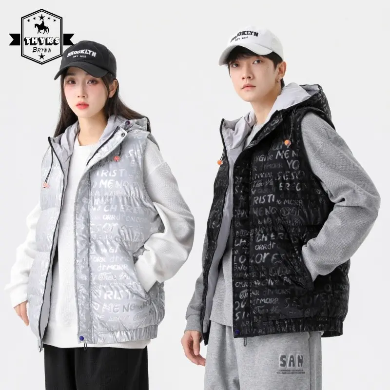 Piumino Invernale Gilet Uomo Addensare Caldo Lettera Stampa Causale Vintage Piumino Unisex Oversize Donna Gilet Cappotti Coppia Wear