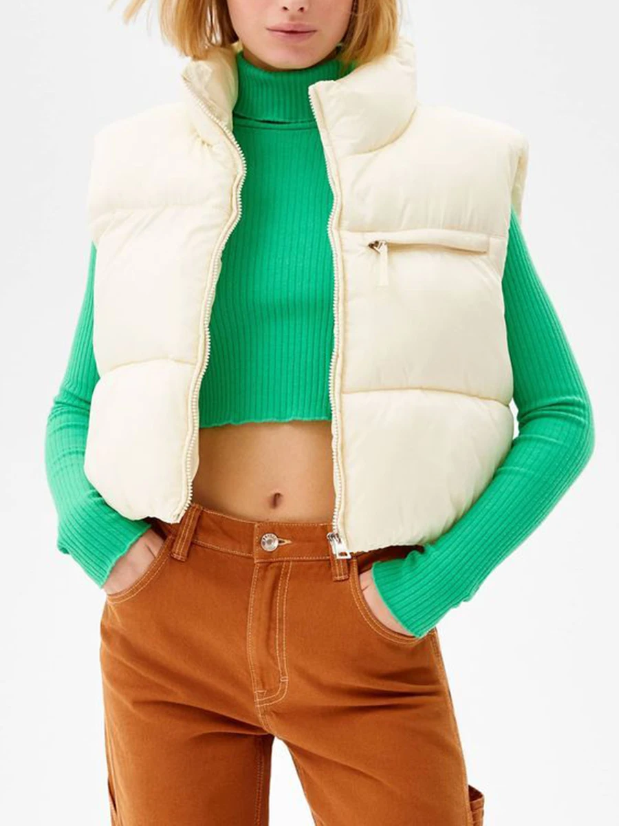 Piumino Corto Da Donna Caldo Tinta Unita Leggero Senza Maniche Con Cerniera Piumino Per Capispalla Invernale Streetwear