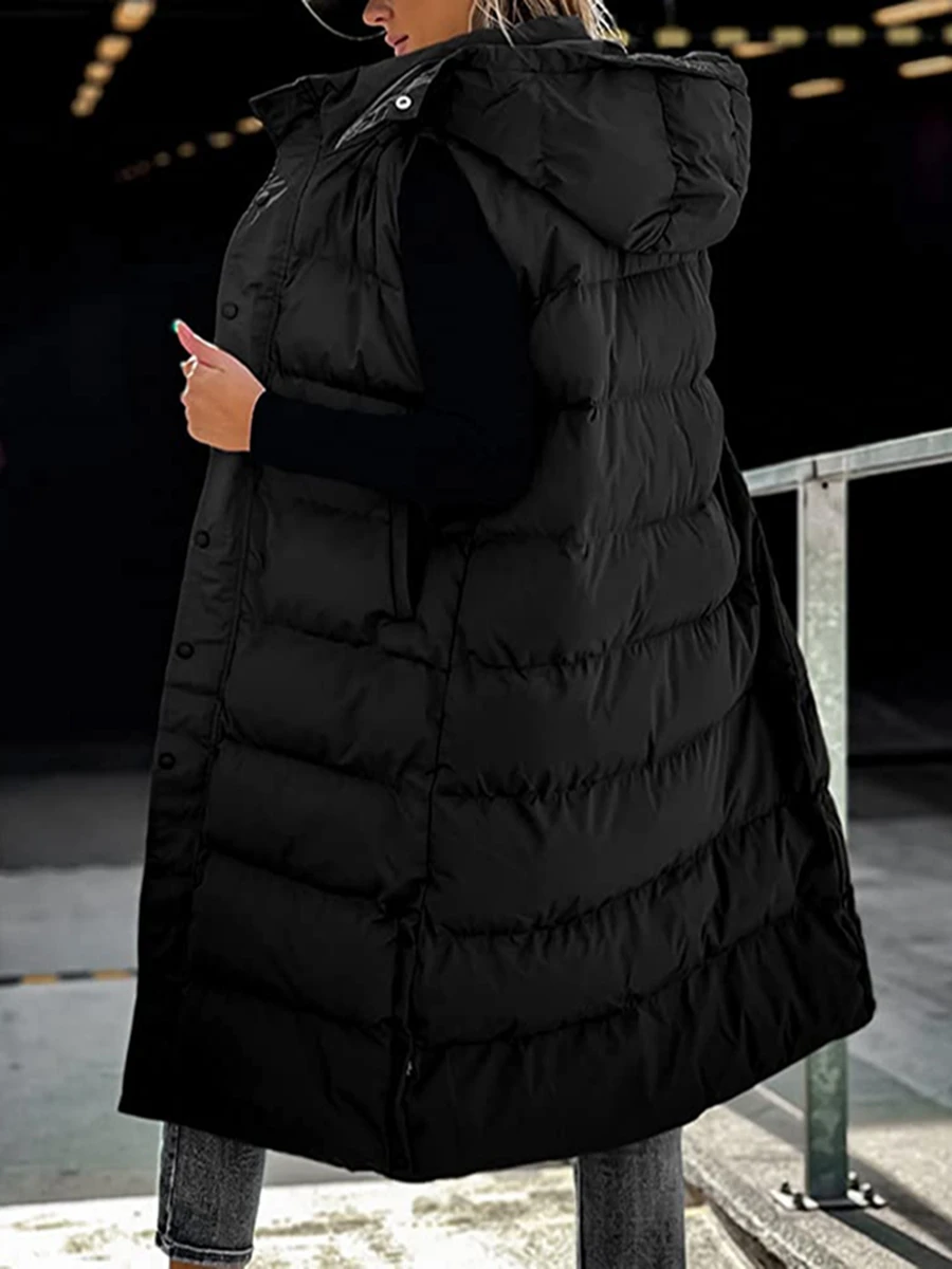 Gilet Lungo Imbottito Da Donna Senza Maniche Gilet Trapuntato Con Cappuccio E Zip Caldo Cappotto Imbottito Invernale Con Tasca Gilet Outwear