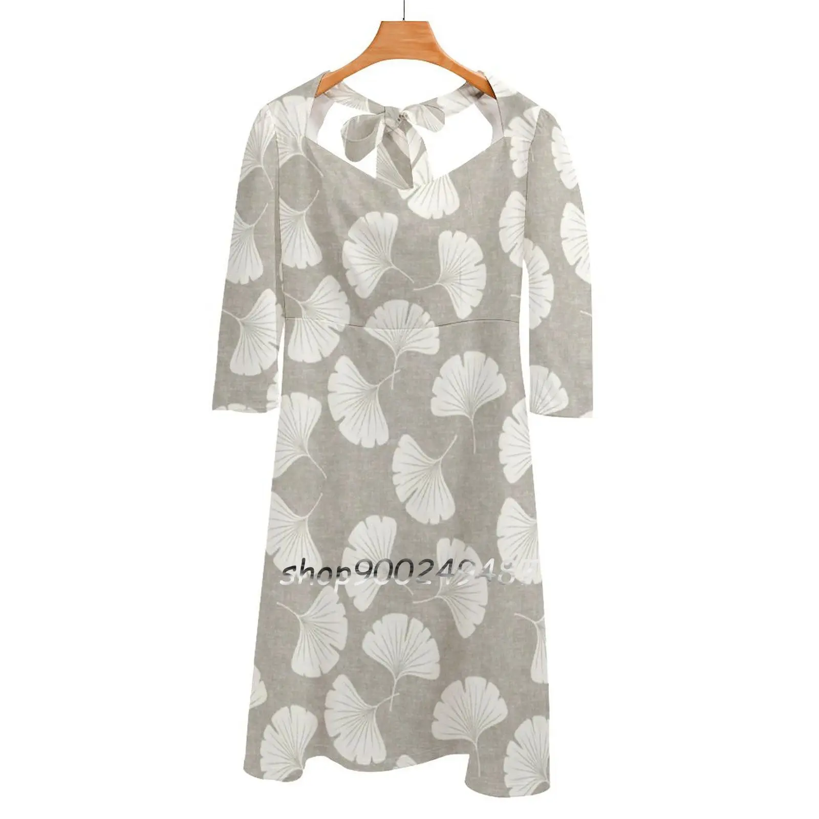 Ginkgo Biloba-Gingko Leaves-Tan Sweet Elegant Dress Women Coreano Kawaii Square Collar Dress Ginkgo Biloba Ginkgo Gingko