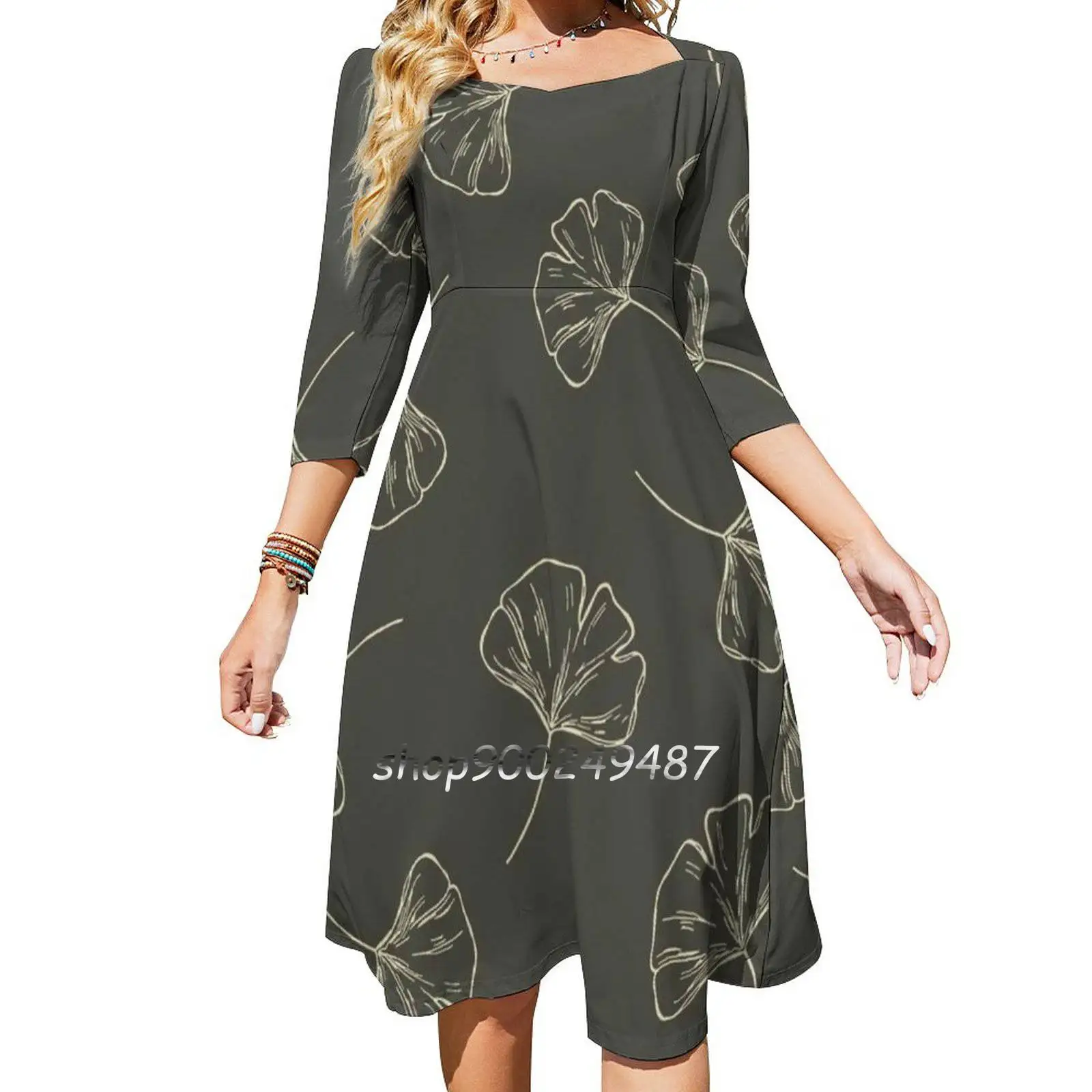 Ginkgo Leaf Sweetheart Knot Abito Svasato Fashion Design Abito Ampio Di Grandi Dimensioni Ginkgo Biloba Ginkgo Gingko Ginkgo Biloba Leaf