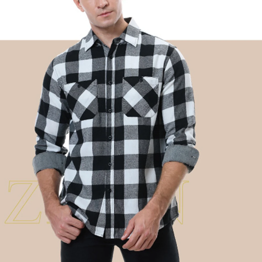Camicia Da Uomo Camicia 50% Cotone + 50% Poliestere Nero Blu Scuro Blu Grigio Scuro Camicia Casual In Flanella Scozzese Stampata Con Bottoni