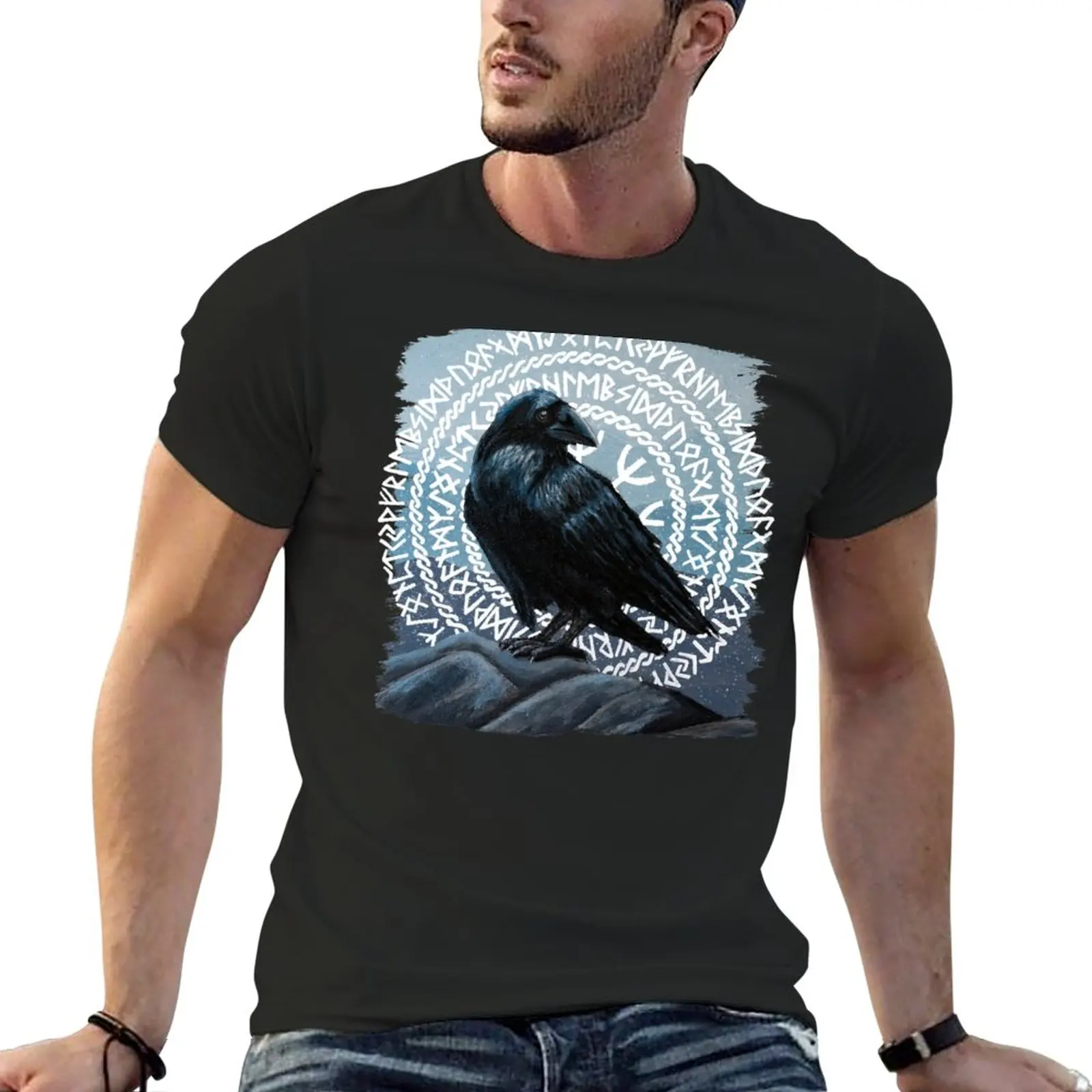 Raven In Rune Circle At Twilight Painting T-Shirt Anime Clothes Vintage Clothes New Edition Maglietta Coreana Fashion Designer Men