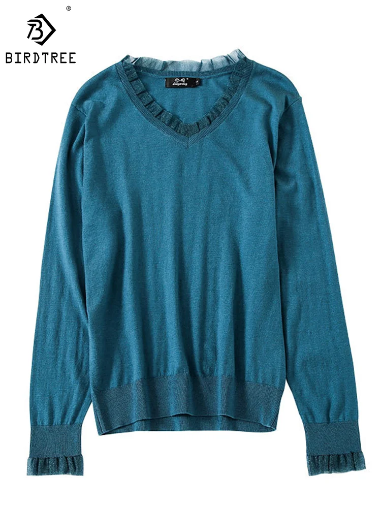 Birdtree Natural Silk Wool Cashmere Blend T-Shirt Lavorate A Maglia Donna Scollo A V Lace Fashion Tees Autunno Inverno Top Undershirt T39364Qm