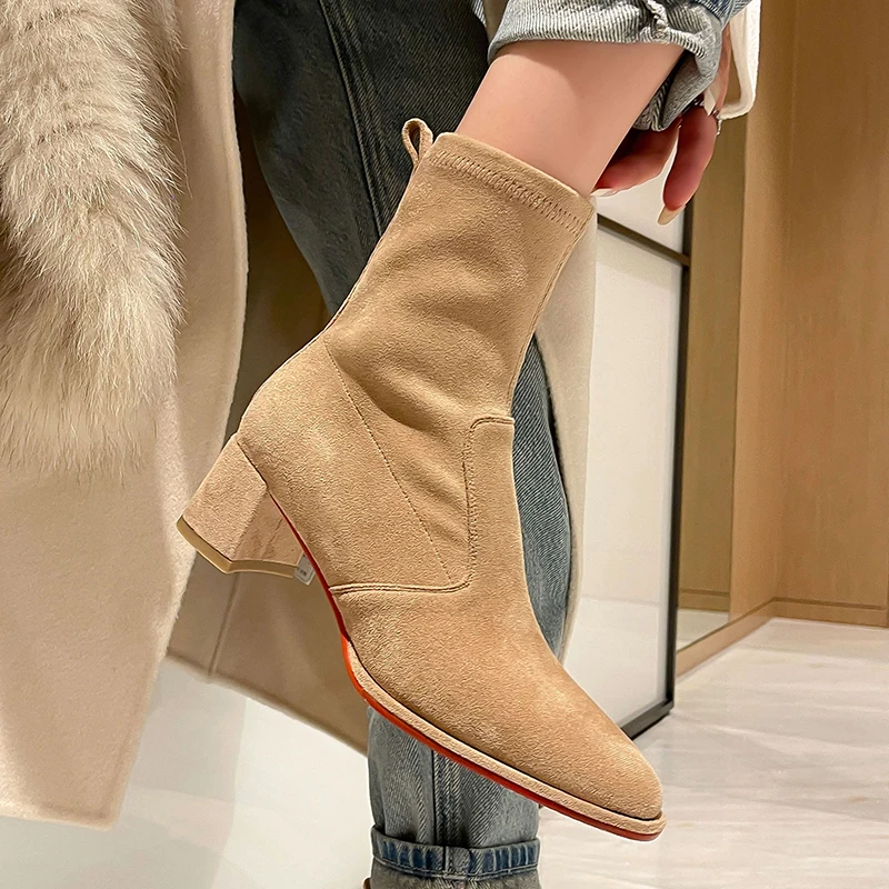 2023 New Autumn Winter Women Ankle Boots Natural Leather 22-25Cm Flock+Pigskin Frosted Skinny Boots And Short Boots Women