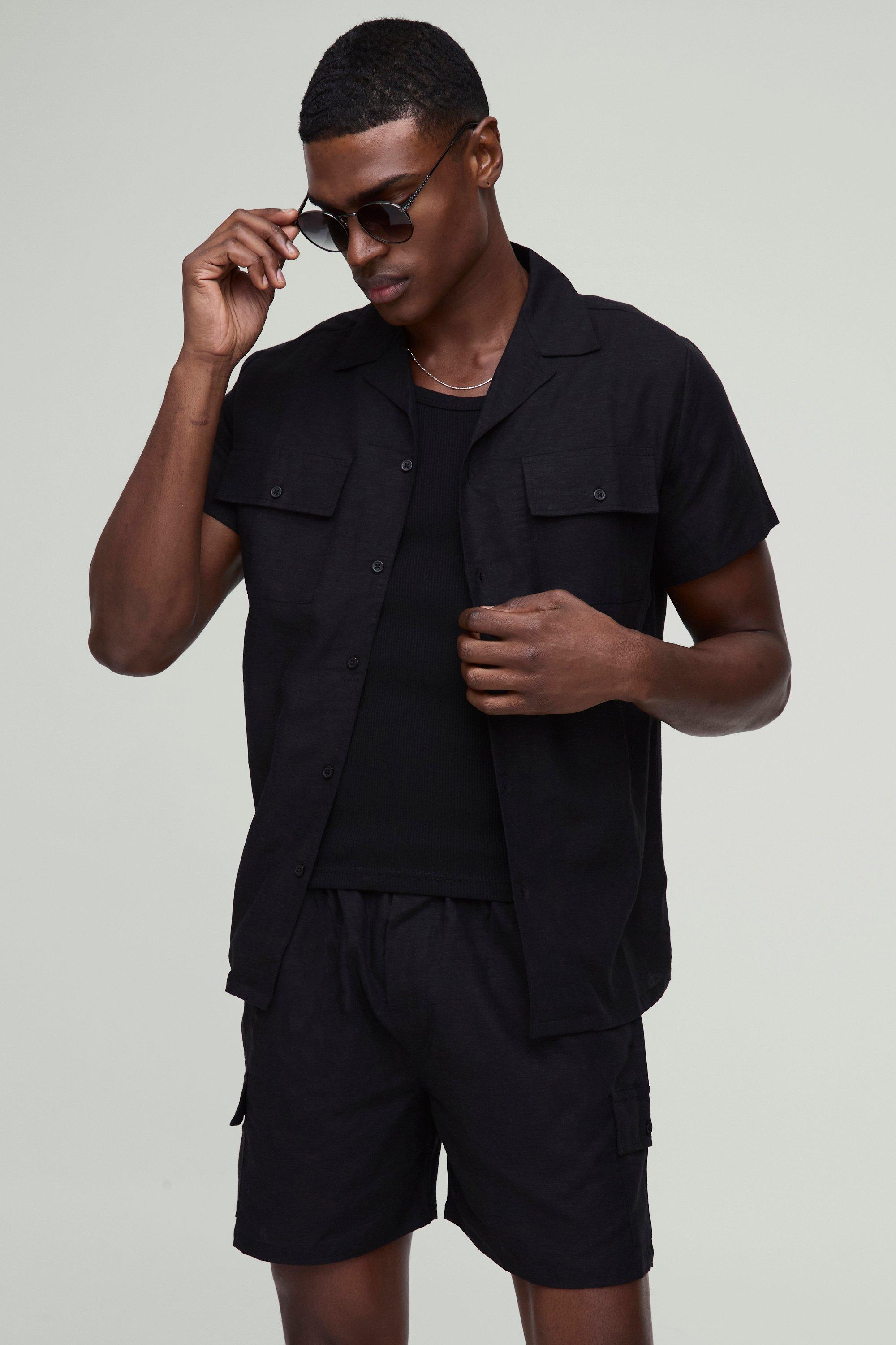 Short Sleeve Linen Cargo Shirt & Short, Nero