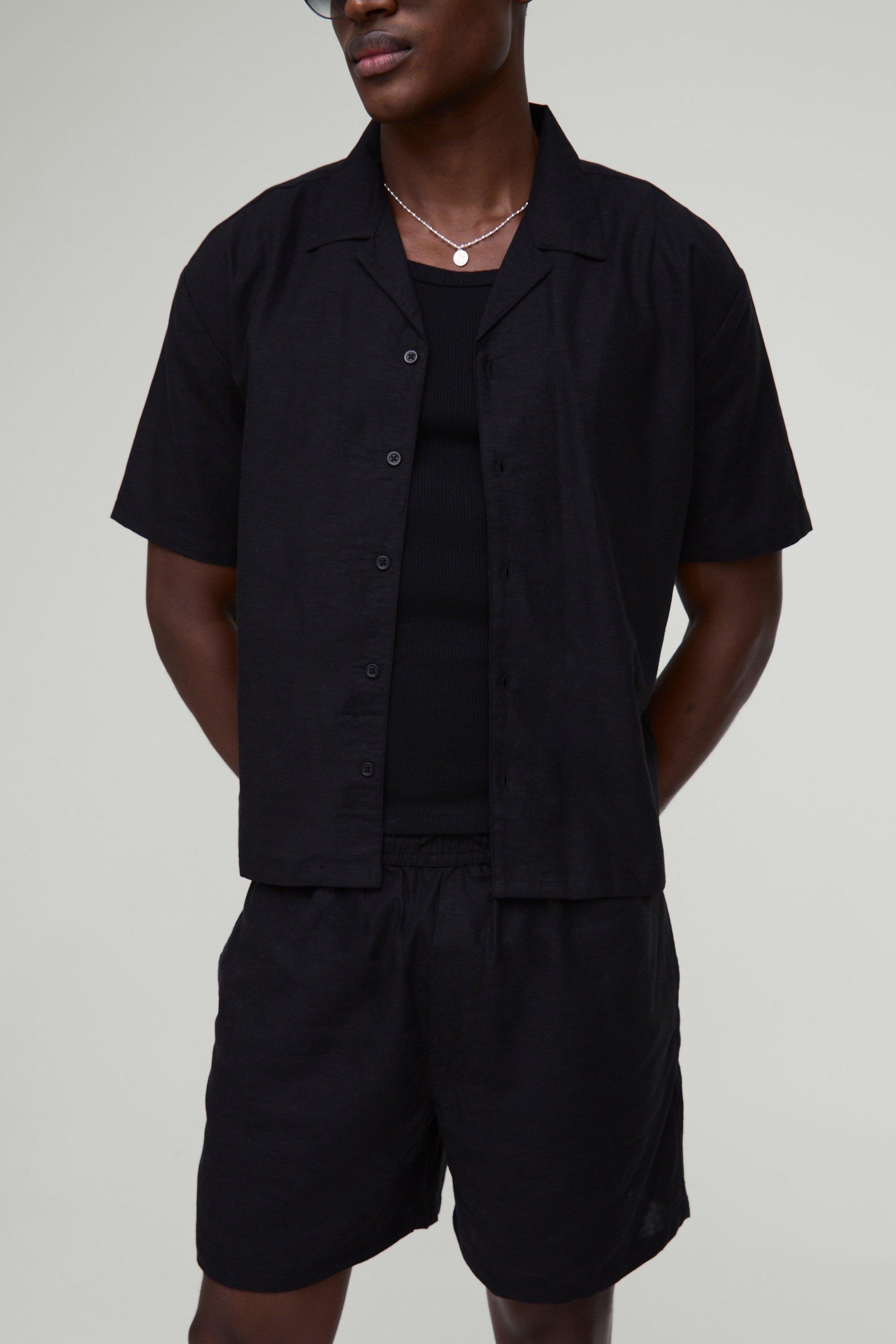 Short Sleeve Oversized Linen Shirt & Short, Nero