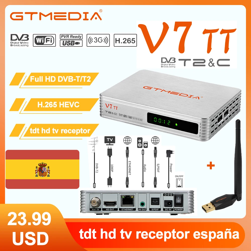Ricevitore Segnale Di Terra Tdt Hd V7 Tt, 1080P Full Hd Dvb-T/T2/Dvb-C Supporto H.265 Hevc 10Bit Usb Pvr Ready Tdt Hd Tv Ricevitore