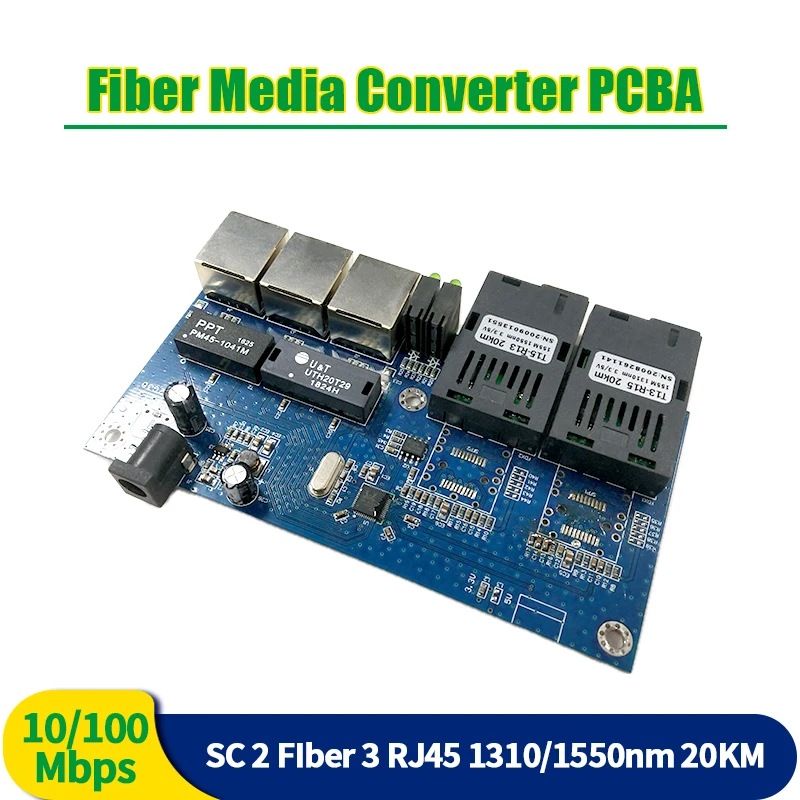10/100Mbps 2 Sc Fibra E 3 Rj45 Pcba Fast Ethernet Switch Converter 20Km Fibra Ottica Media Converter Pcba
