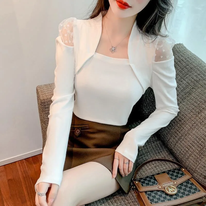 Nuove Magliette Femminili Con Spalle Scoperte Magliette Da Donna In Tinta Unita Colletto Quadrato Scava Fuori I Vestiti Di Pizzo Bianco Tendenza Magli